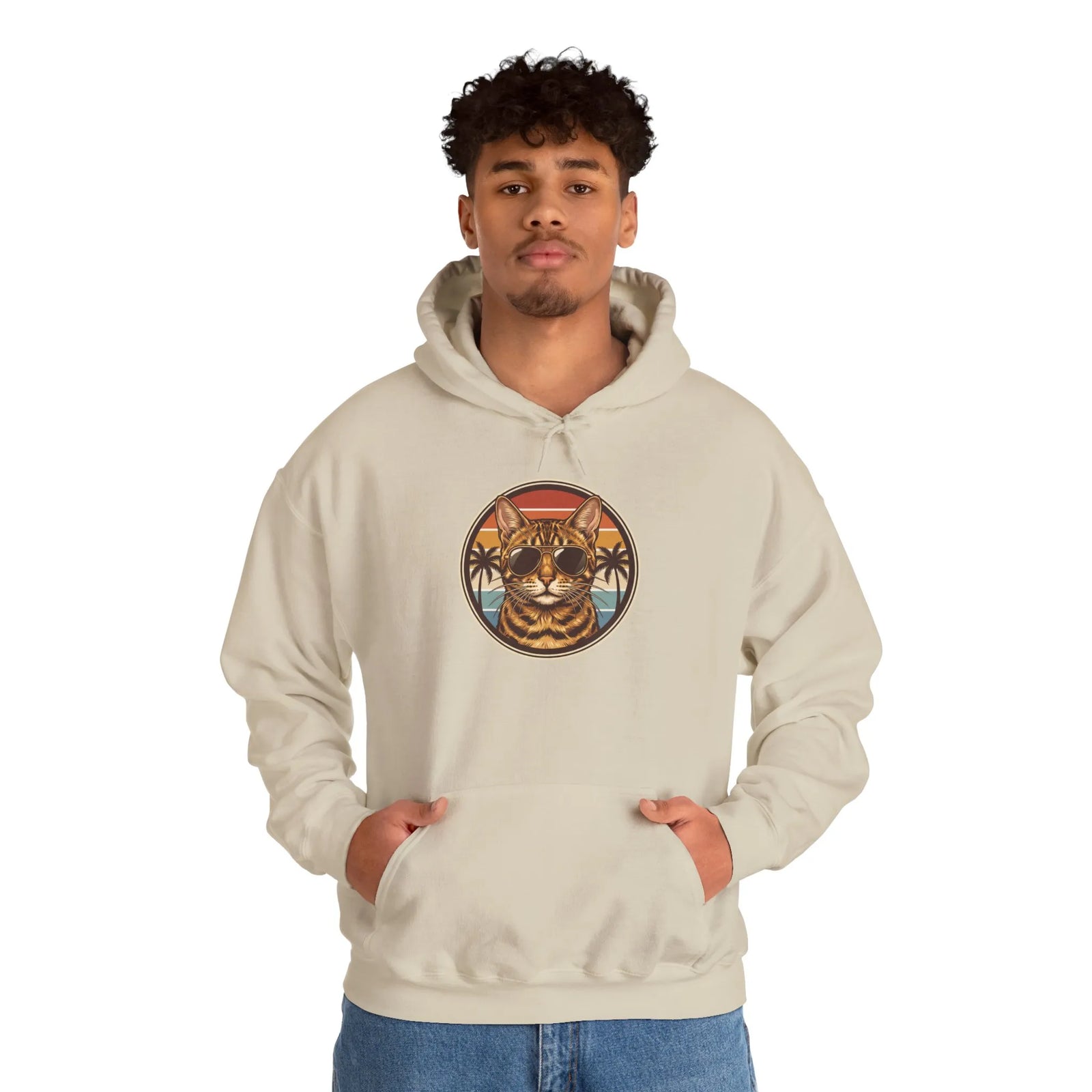 Bengal Cool Cat Aviators Hoodie - Soft Cotton Blend Pullover - Unisex White