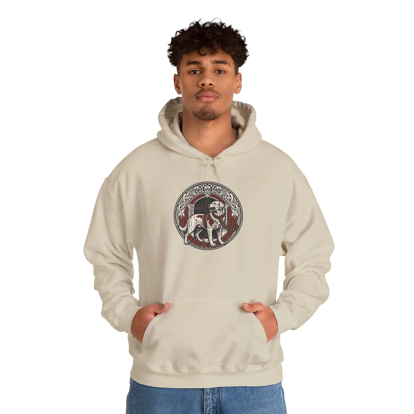 Garmr Odin's Wolves Norse Woodcut Hoodie - Heavy Blend Fleece Pullover - Unisex White