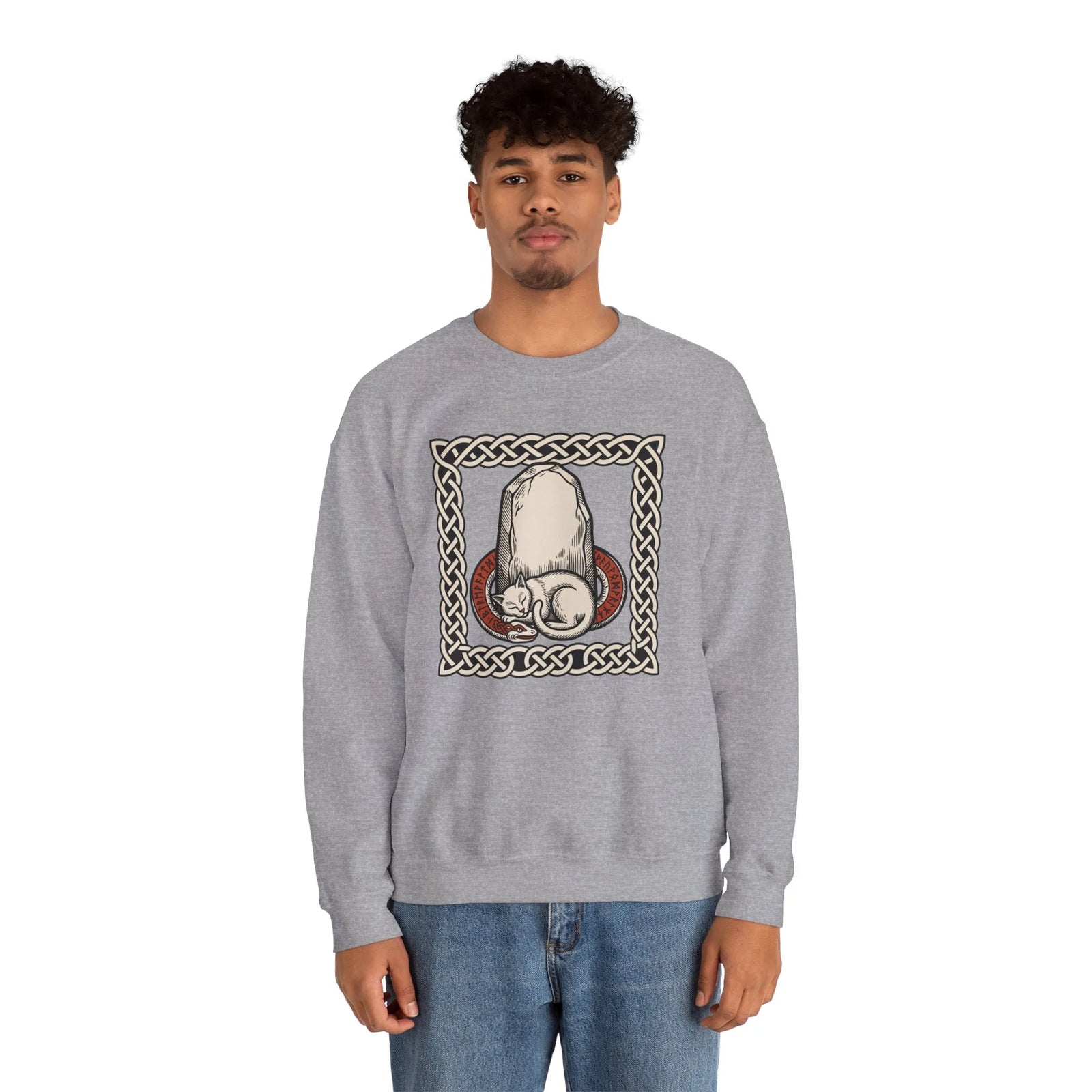 Runestone Cat Norse Woodcut Sweatshirt - Heavyweight Cotton Blend Crewneck - Unisex White