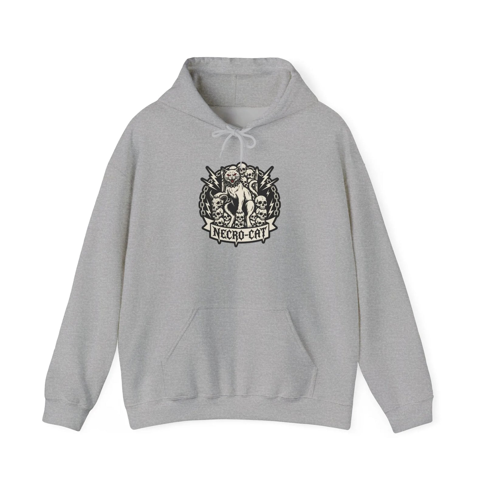 Necro-Cat Skull Throne Graphic Hoodie - Heavyweight Cotton Blend Pullover - Unisex White