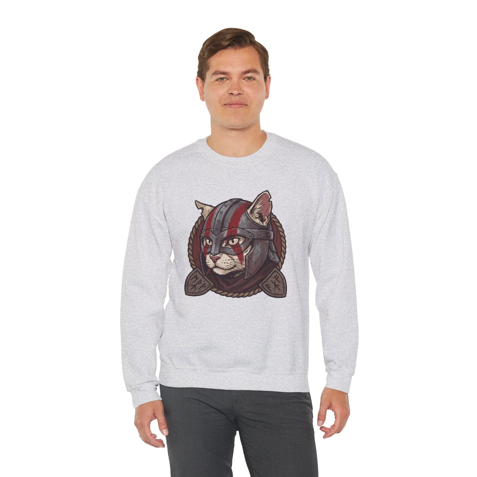 Viking Berserker Cat Graphic Sweatshirt - Heavy Blend Fleece Crewneck - Unisex White