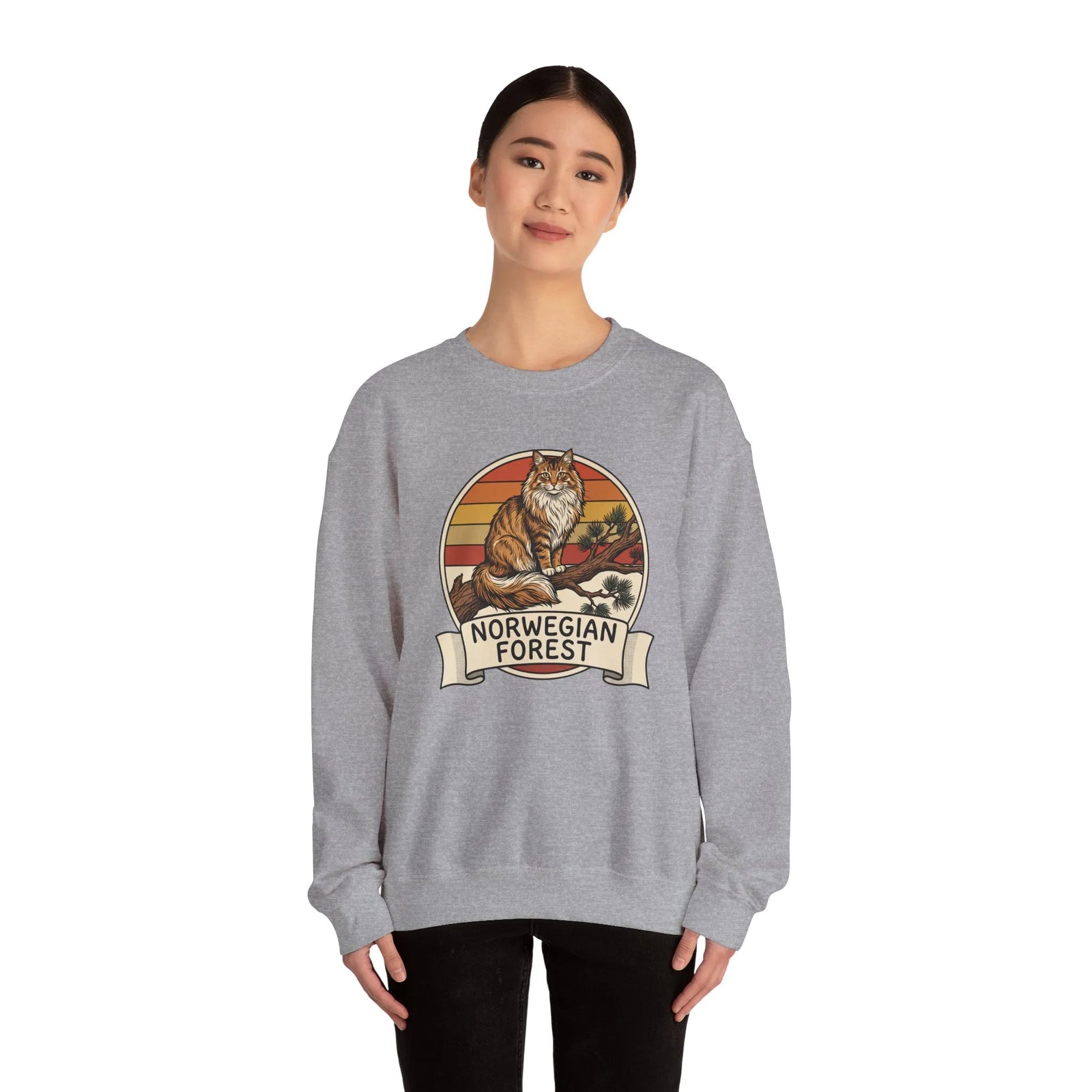 Norwegian Forest Cat Retro Sunset Sweatshirt - Heavy Blend Fleece Crewneck - Unisex White