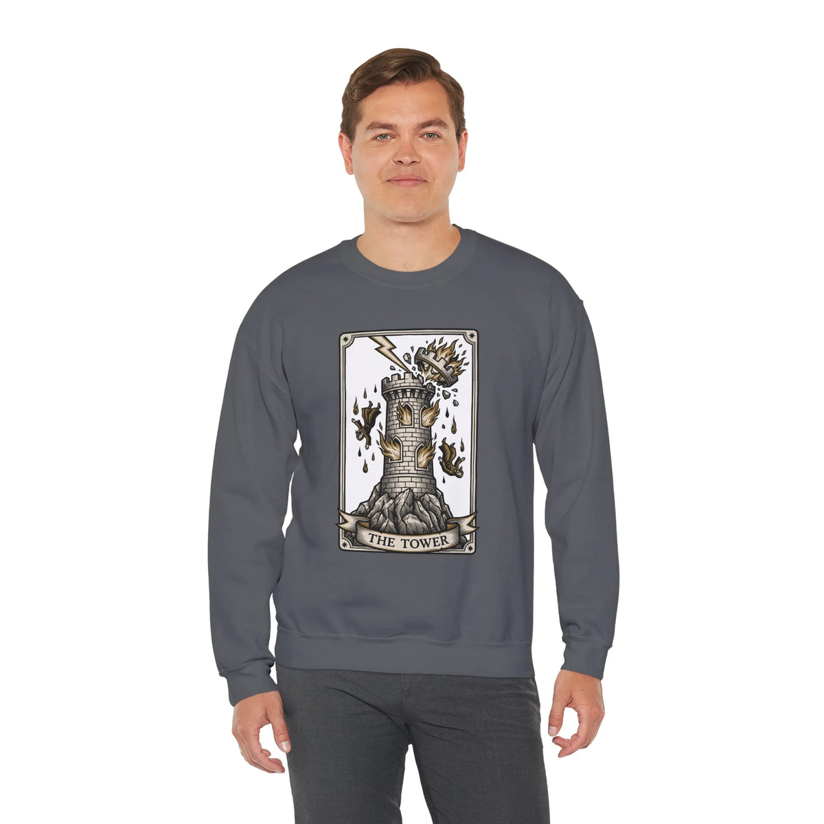 The Tower Tarot Card Sweatshirt - Heavy Blend Fleece Crewneck - Unisex White
