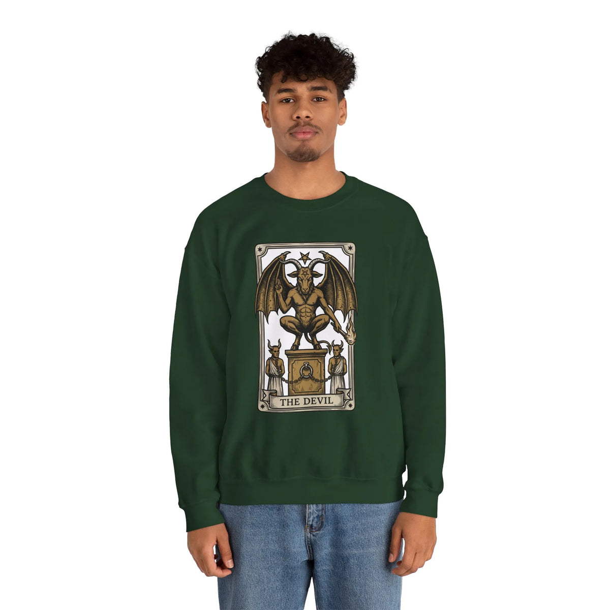 Devil Tarot Card Graphic Sweatshirt - Heavy Blend Fleece Crewneck - Unisex White