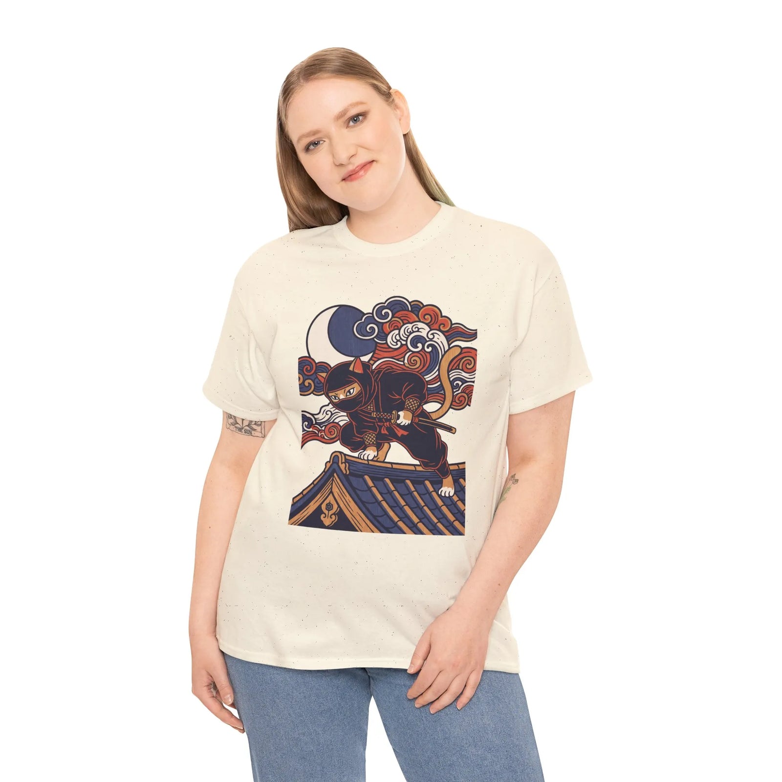 Ukiyo-e Samurai Cat Ninja T-Shirt - 100% Cotton Classic Fit Tee - Unisex White