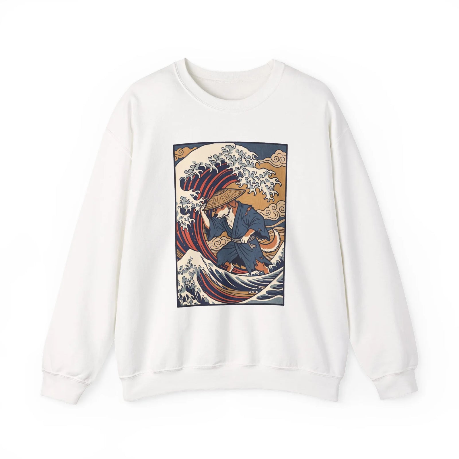 Ronin Wave Ukiyo-e Samurai Dog Sweatshirt - Heavyweight Cotton Blend Crewneck - Unisex White