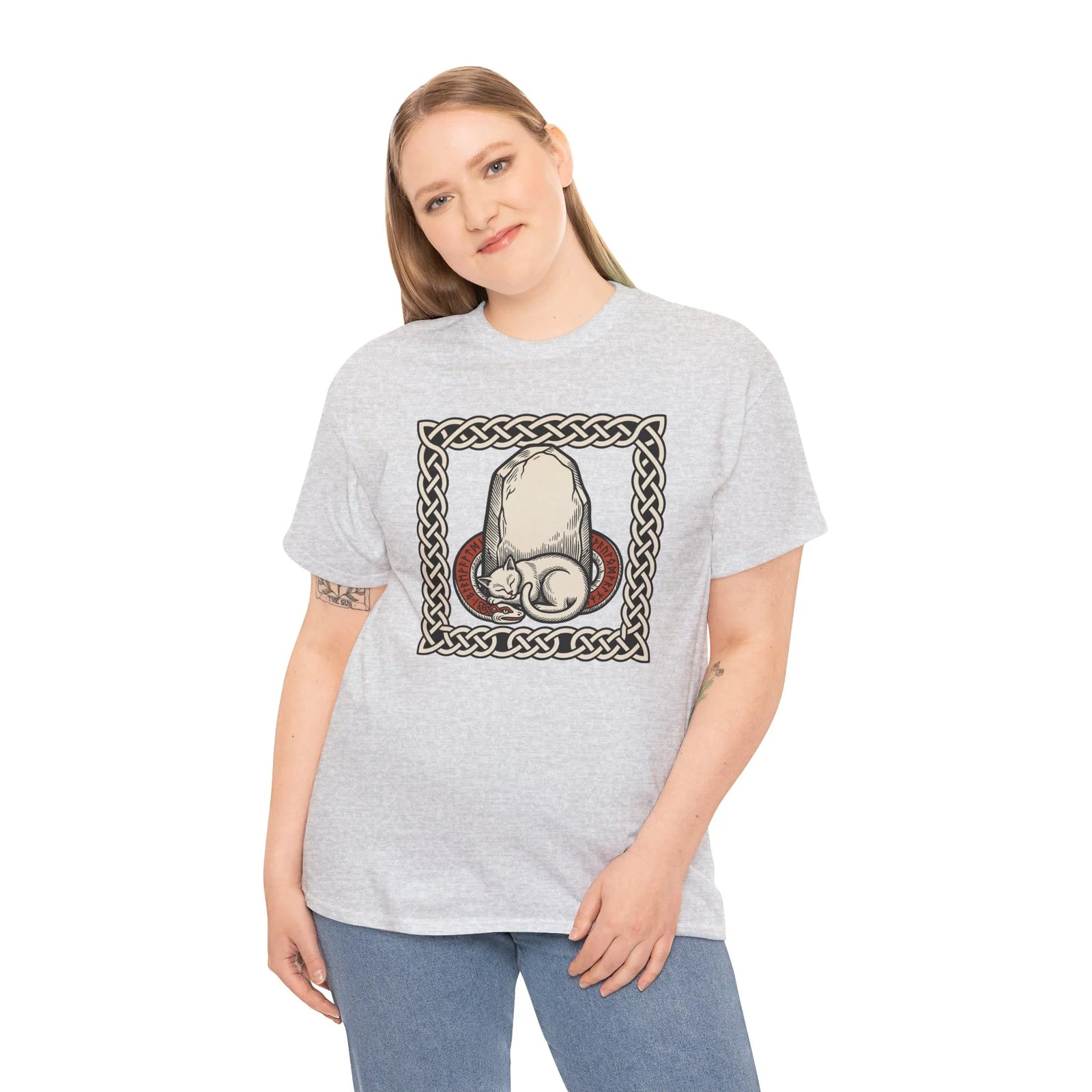 Freyja's Sacred Cat Runestone T-Shirt - Heavy Cotton Classic Fit Tee - Unisex White