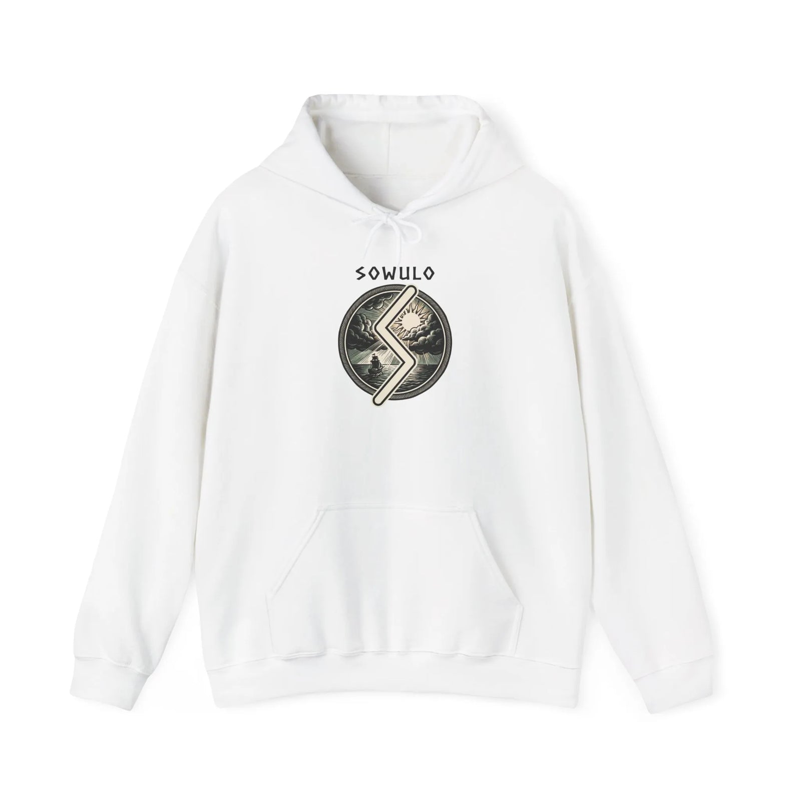 Sowulo Rune Sun Guidance Hoodie - Heavyweight Cotton Blend Pullover - Unisex White