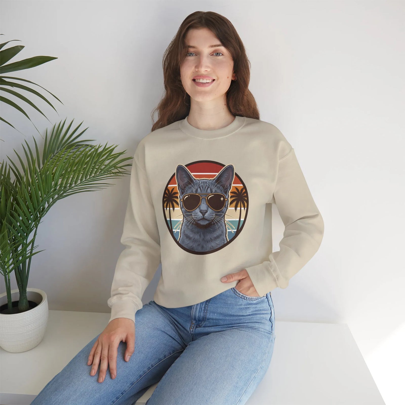 Russian Blue Cat Aviator Sunglasses Sweatshirt - Heavy Blend Fleece Crewneck - Unisex White