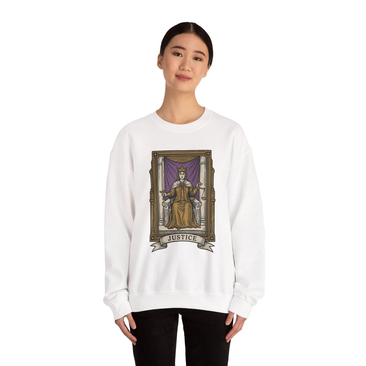 Justice Tarot Card Sweatshirt - Heavy Blend Cotton Poly Crewneck - Unisex White