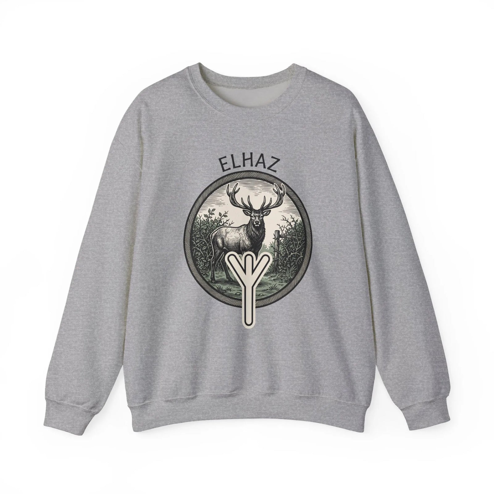 Elhaz Rune Protection Stag Sweatshirt - Medium-Heavy Cotton-Poly Crewneck - Unisex White
