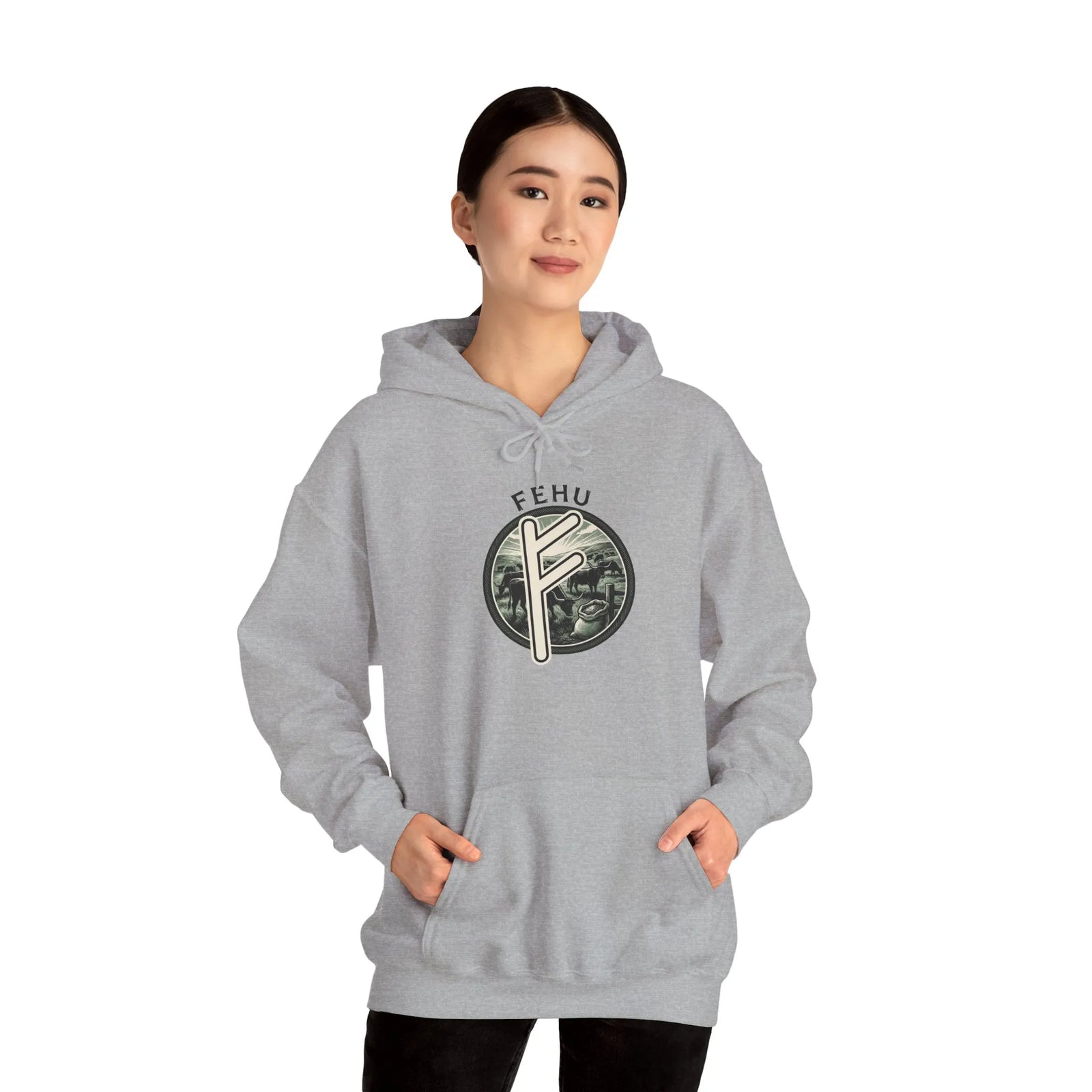 Fehu Runic Wealth Symbol Hoodie - Soft Cotton-Poly Blend Pullover - Unisex White