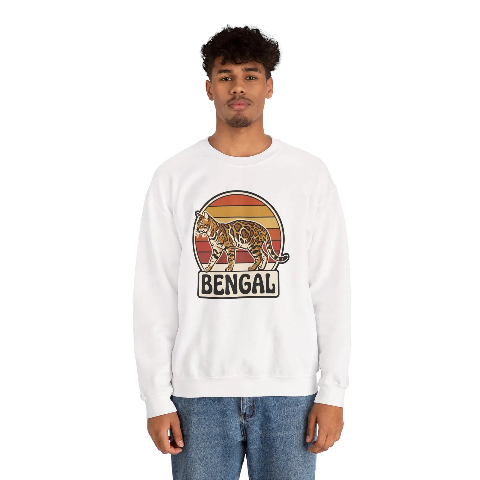 Bengal Cat Retro Sunset Sweatshirt - Classic Fit Heavy Blend Crewneck - Unisex White