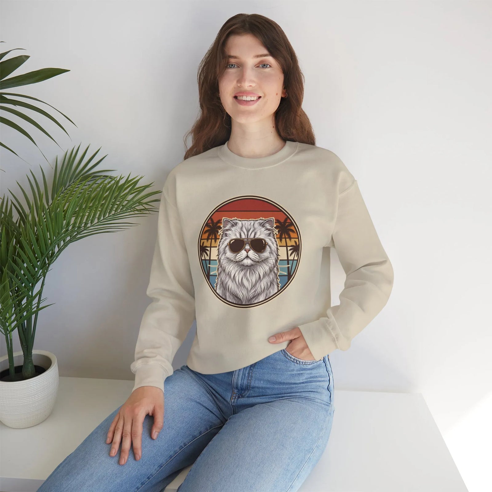 Persian Cool Cat 70s Sunset Aviators Sweatshirt - Heavy Blend Cotton-Poly Crewneck - Unisex White