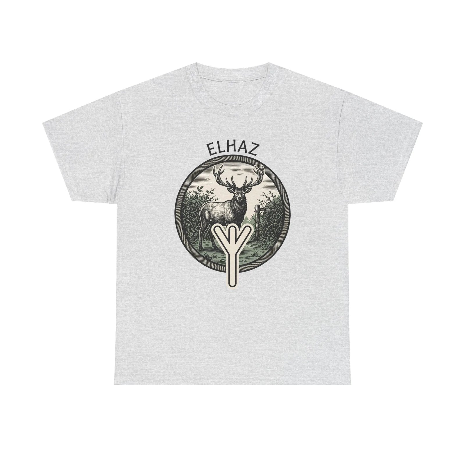 Elhaz Protection Rune Elk Graphic T-Shirt - Heavy Cotton Classic Fit Tee - Unisex White