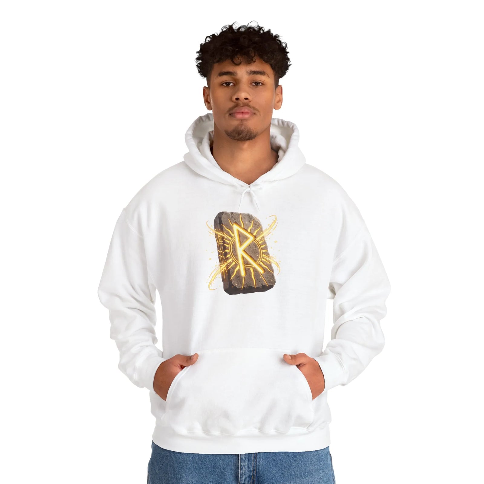 Raido Rune Journey Wheel Hoodie - Soft Cotton Blend Pullover Hooded - Unisex White