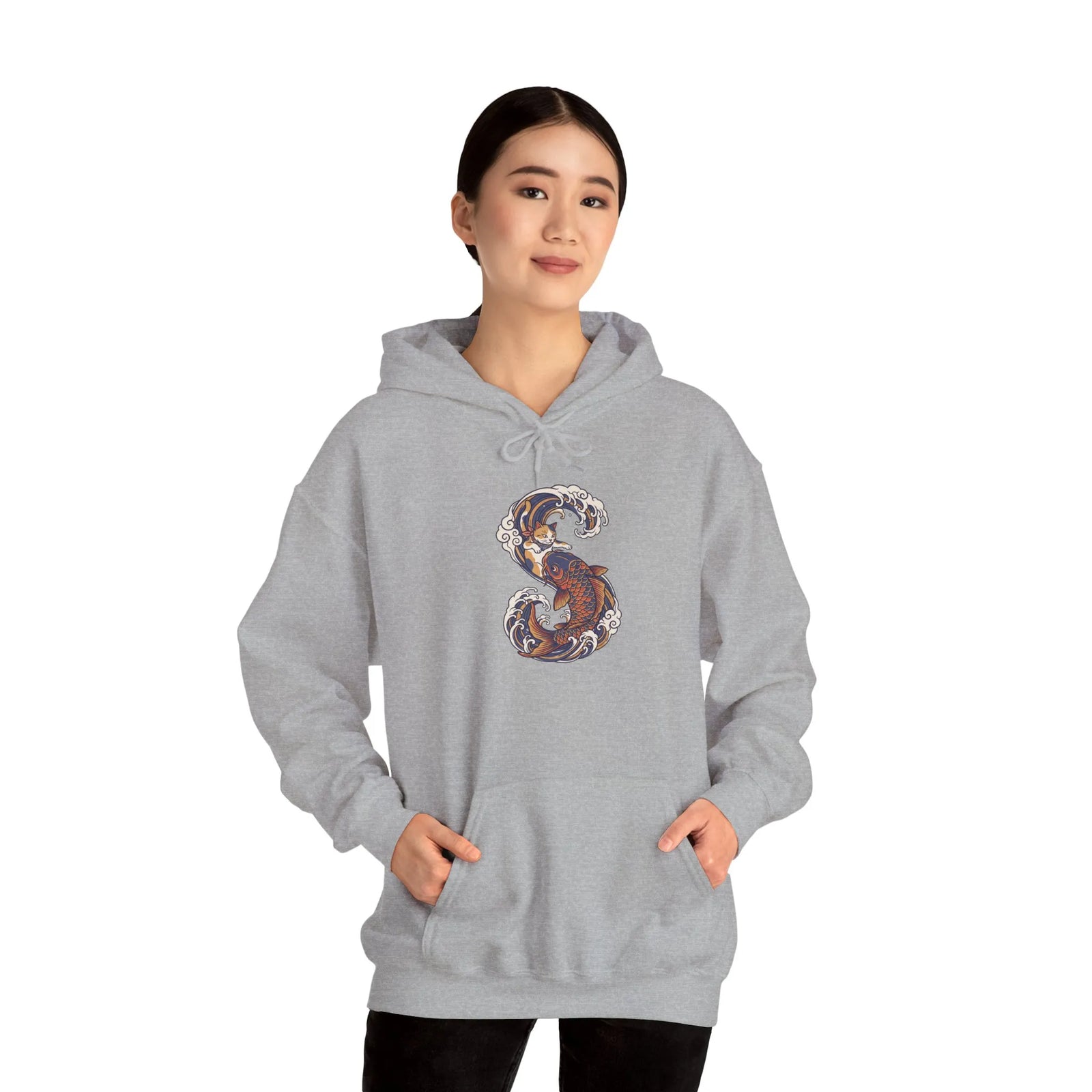 Ukiyo-e Samurai Cat Koi Rider Hoodie - Cozy Soft Blend Fleece Pullover - Unisex Off White