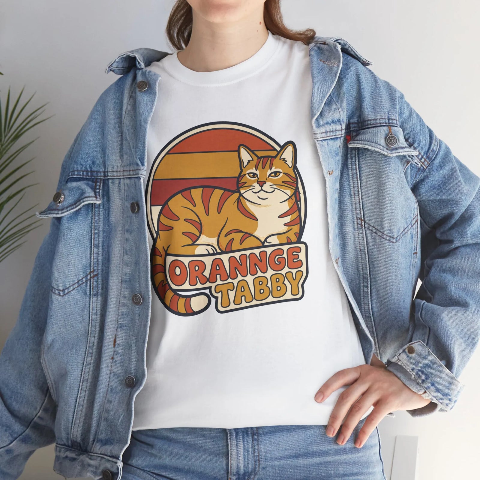 Retro 70s Sunset Orange Tabby T-Shirt - Heavyweight 100% Cotton Classic Fit - Unisex Off White