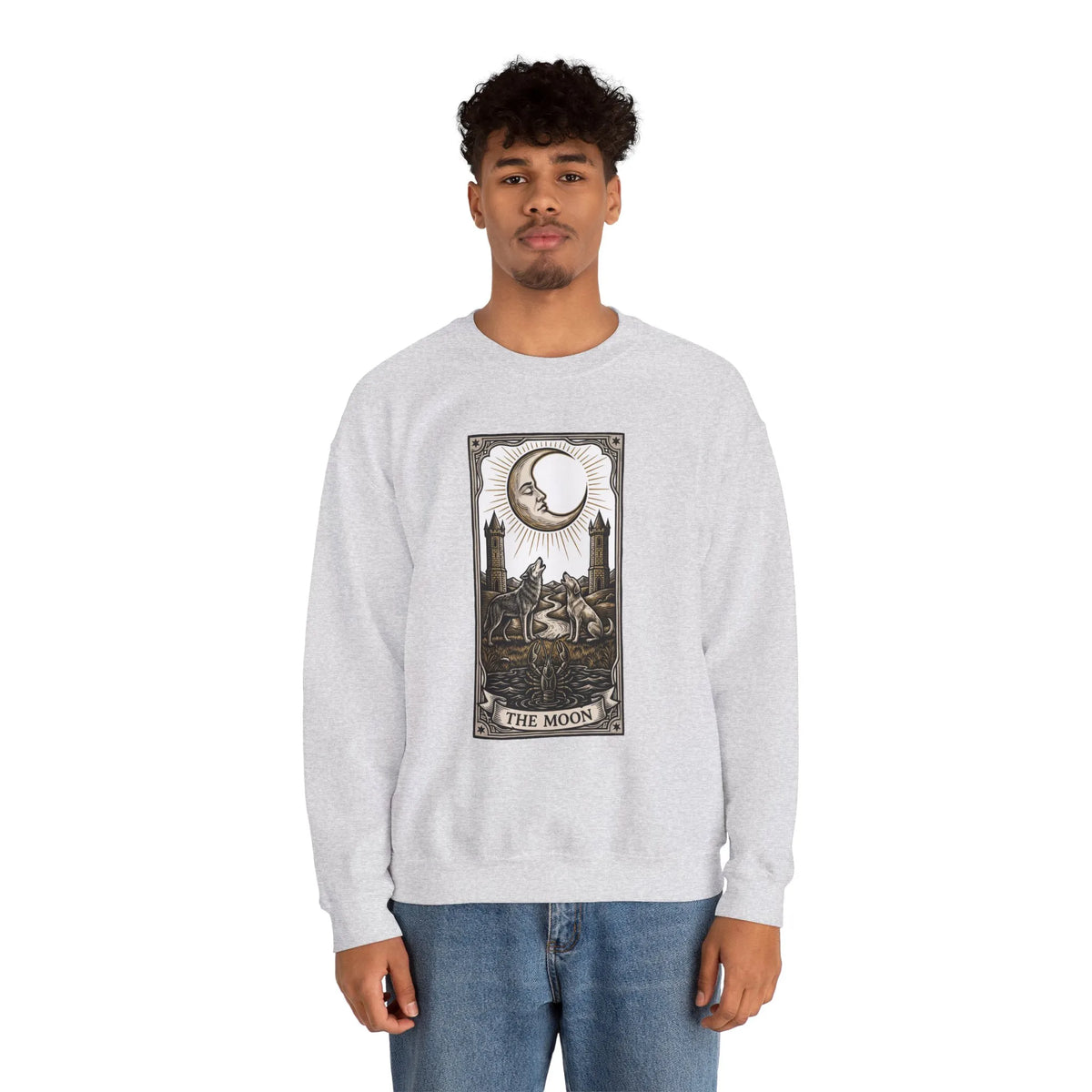 Moon Tarot Card Wolves Graphic Sweatshirt - Heavy Blend Fleece Crewneck - Unisex White