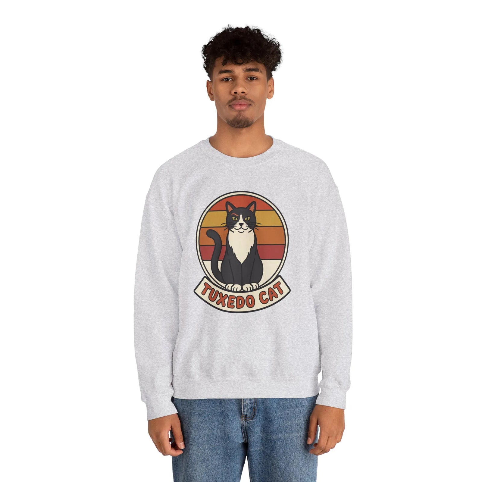 Tuxedo Cat Retro Sunset Sweatshirt - Heavy Blend Fleece Crewneck - Unisex Ash