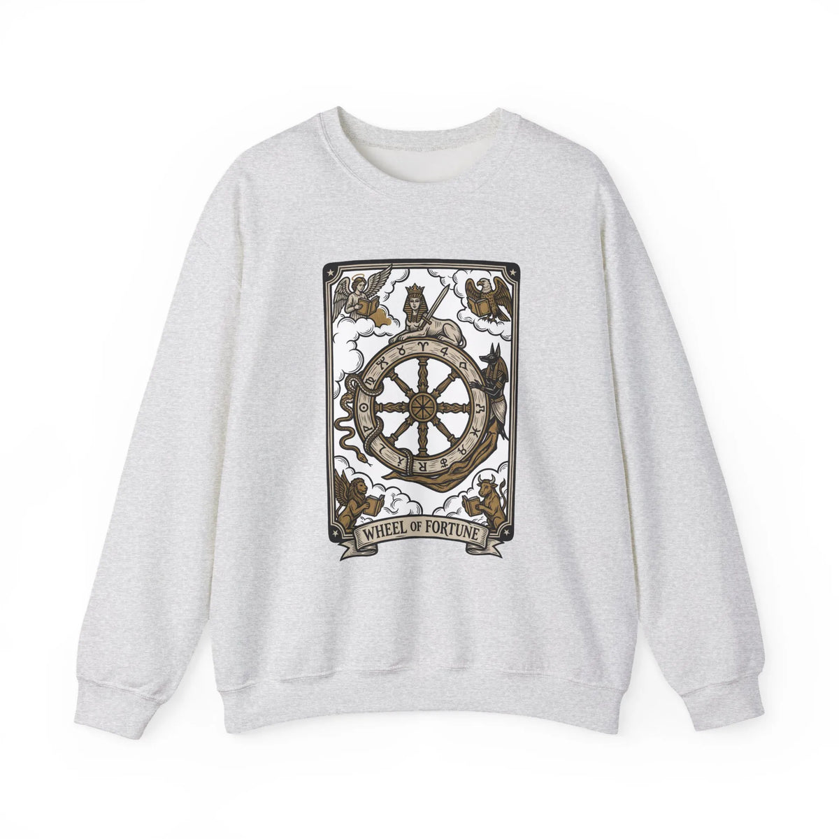 Wheel of Fortune Tarot Card Sweatshirt - Heavy Blend Crewneck Fleece - Unisex White