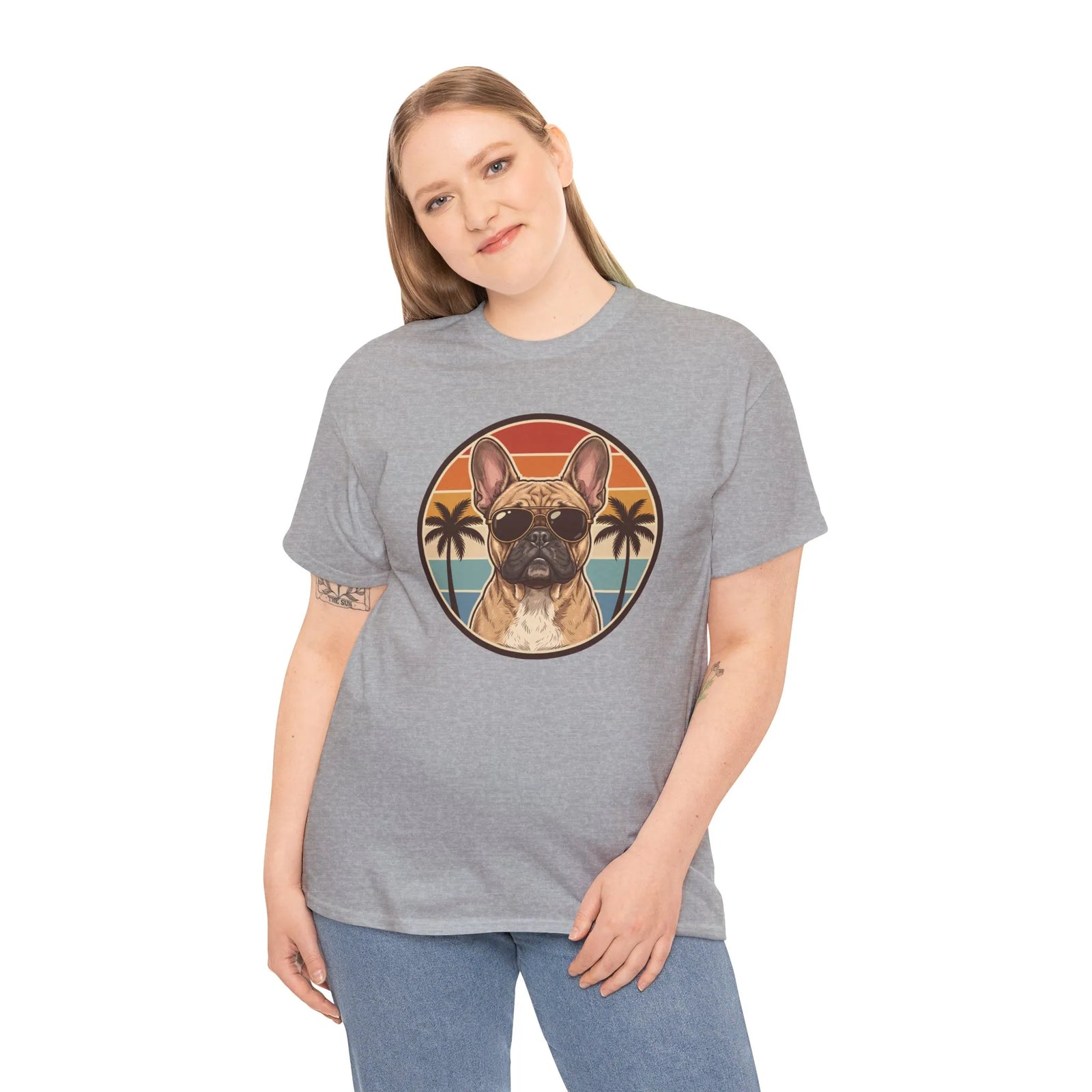 French Bulldog Sunset Aviator T-Shirt - Heavy Cotton Classic Fit Tee - Unisex White