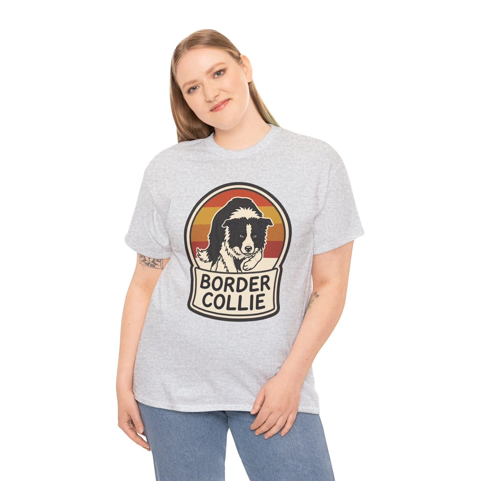 Border Collie Retro 70s Sunset T-Shirt - Heavy Cotton Classic Fit Tee - Unisex White