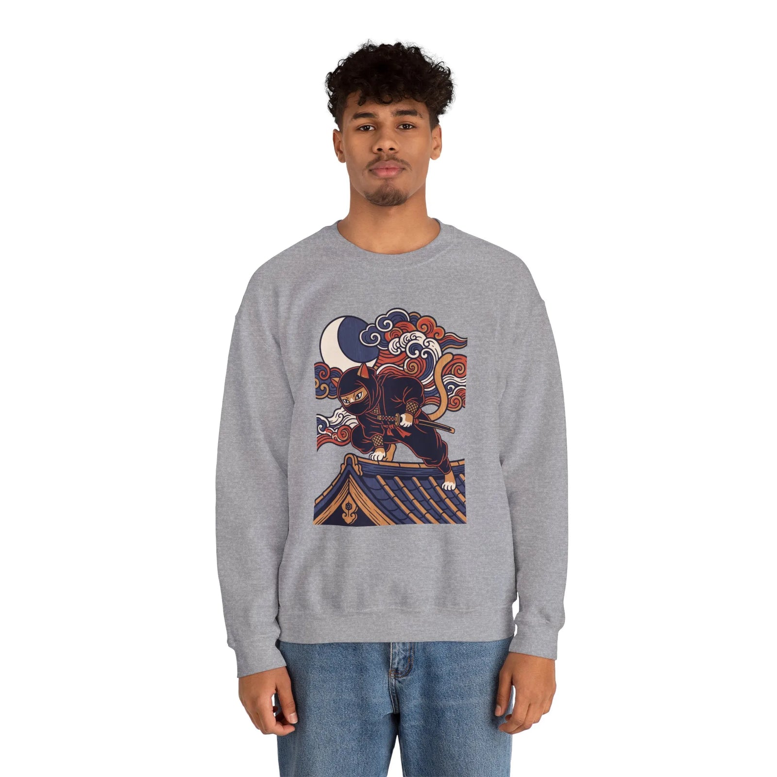 Ninja Cat Ukiyo-e Samurai Sweatshirt - Soft Heavyweight Fleece Crewneck - Unisex White