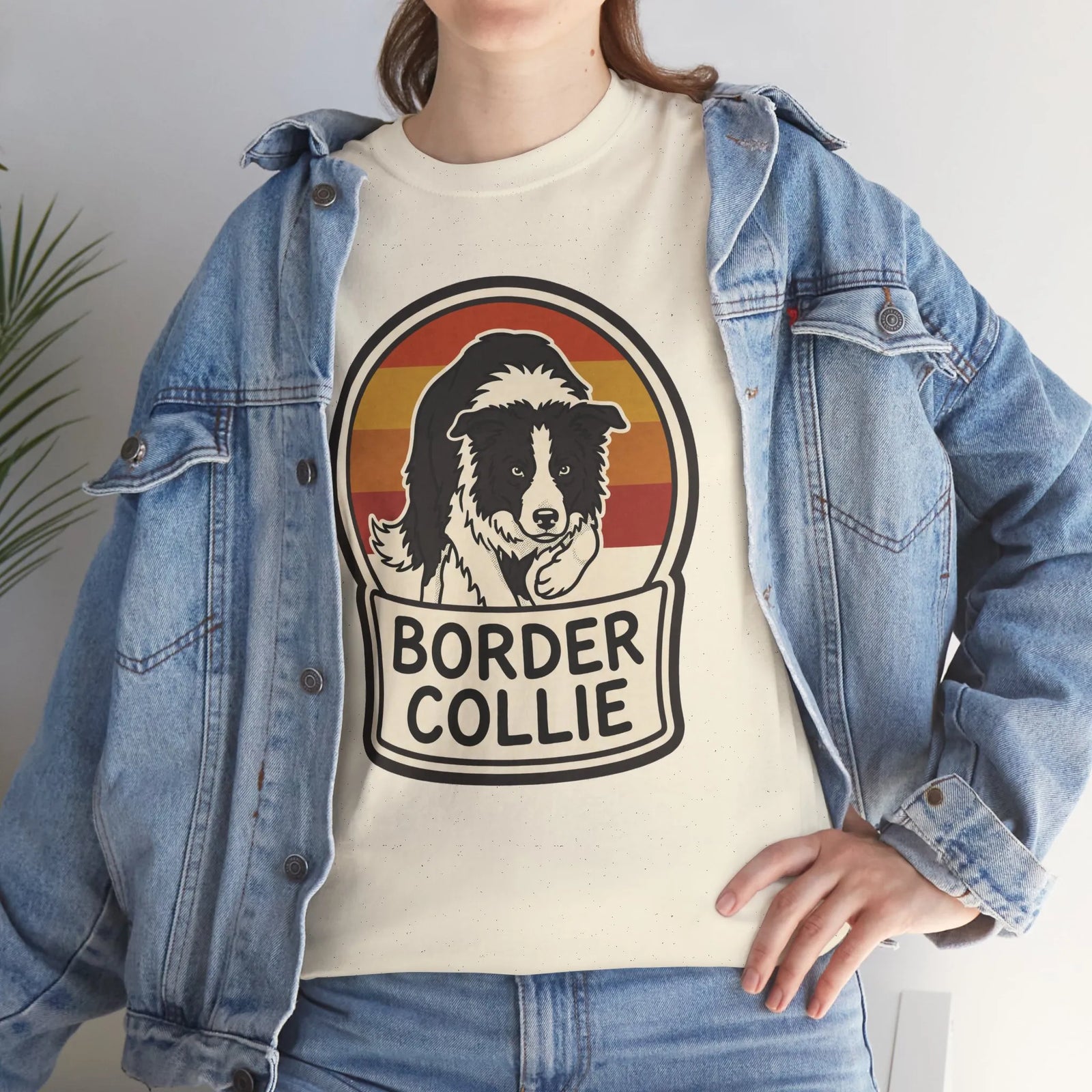 Border Collie Retro 70s Sunset T-Shirt - Heavy Cotton Classic Fit Tee - Unisex White