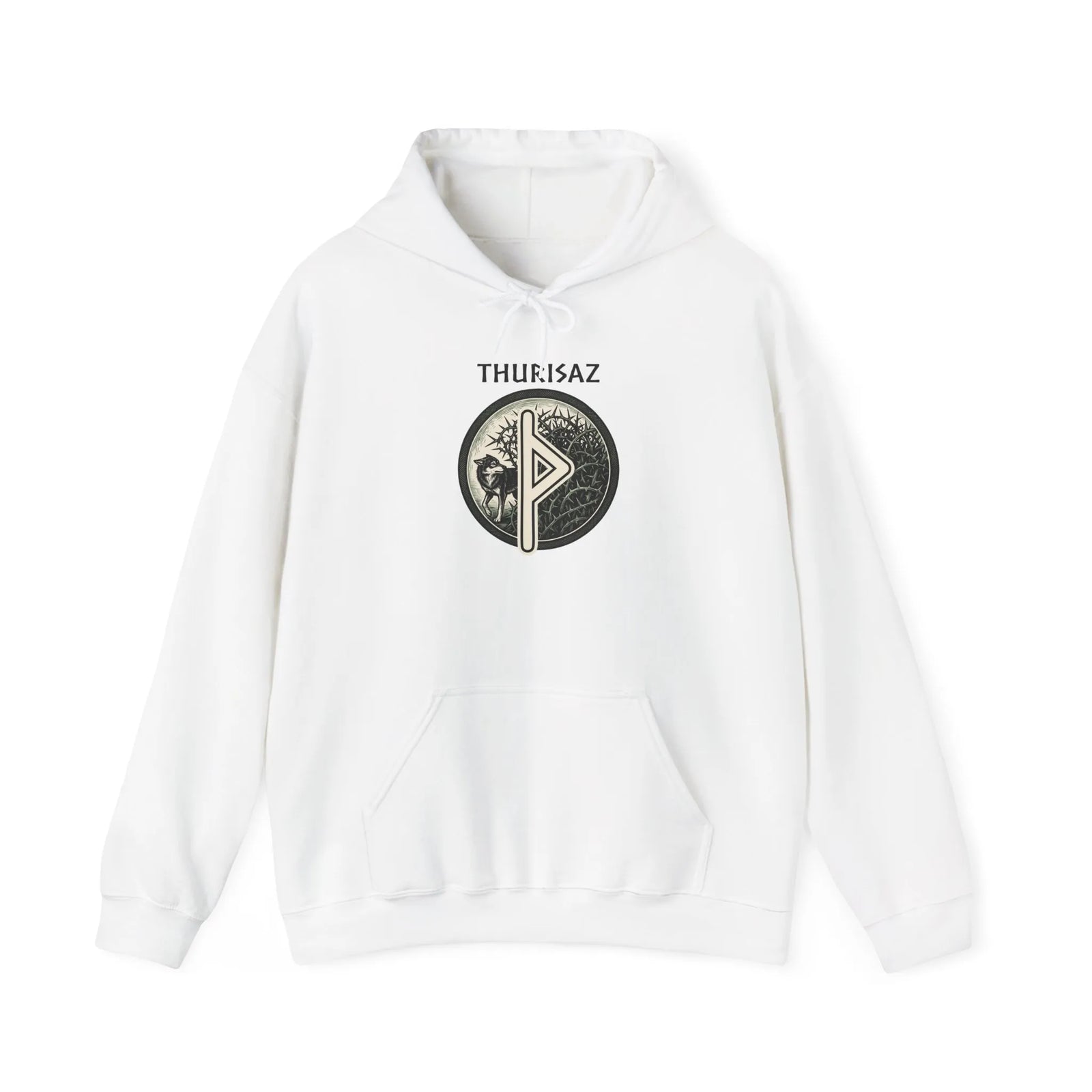 Thurisaz Rune Wolf Graphic Hoodie - Heavy Blend Fleece Pullover - Unisex White