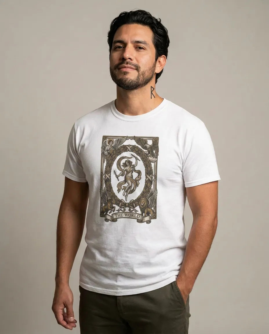 The World Tarot Card Graphic T-Shirt - Heavy Cotton Classic Fit Tee - Unisex White