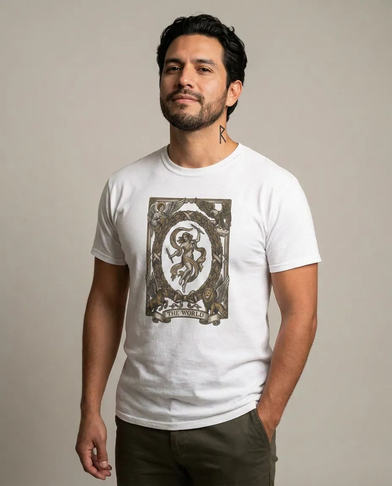 The World Tarot Card Graphic T-Shirt - Heavy Cotton Classic Fit Tee - Unisex White