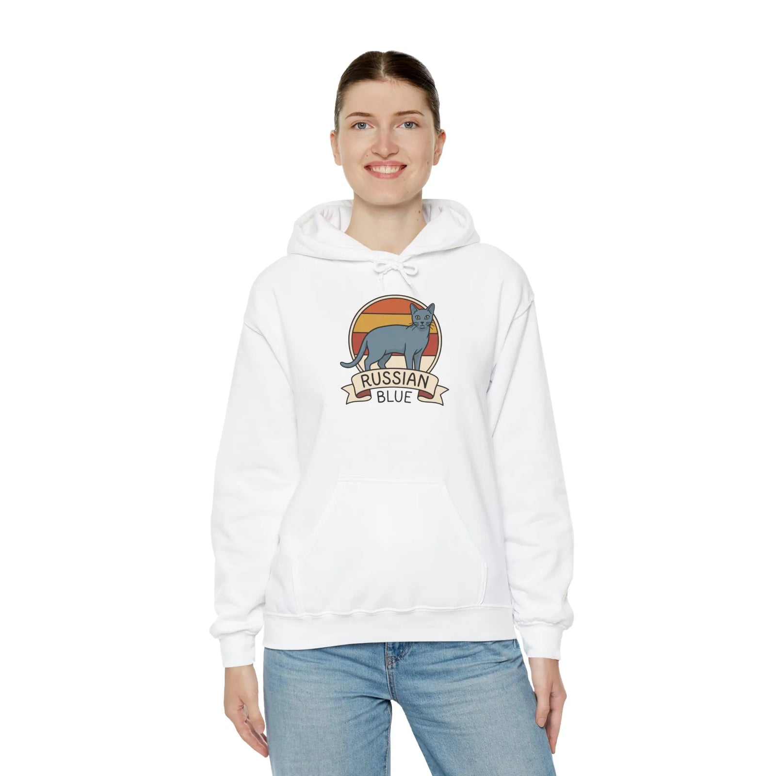Russian Blue Cat Retro Sunset Hoodie - Heavy Blend Cotton Blend Pullover - Unisex White