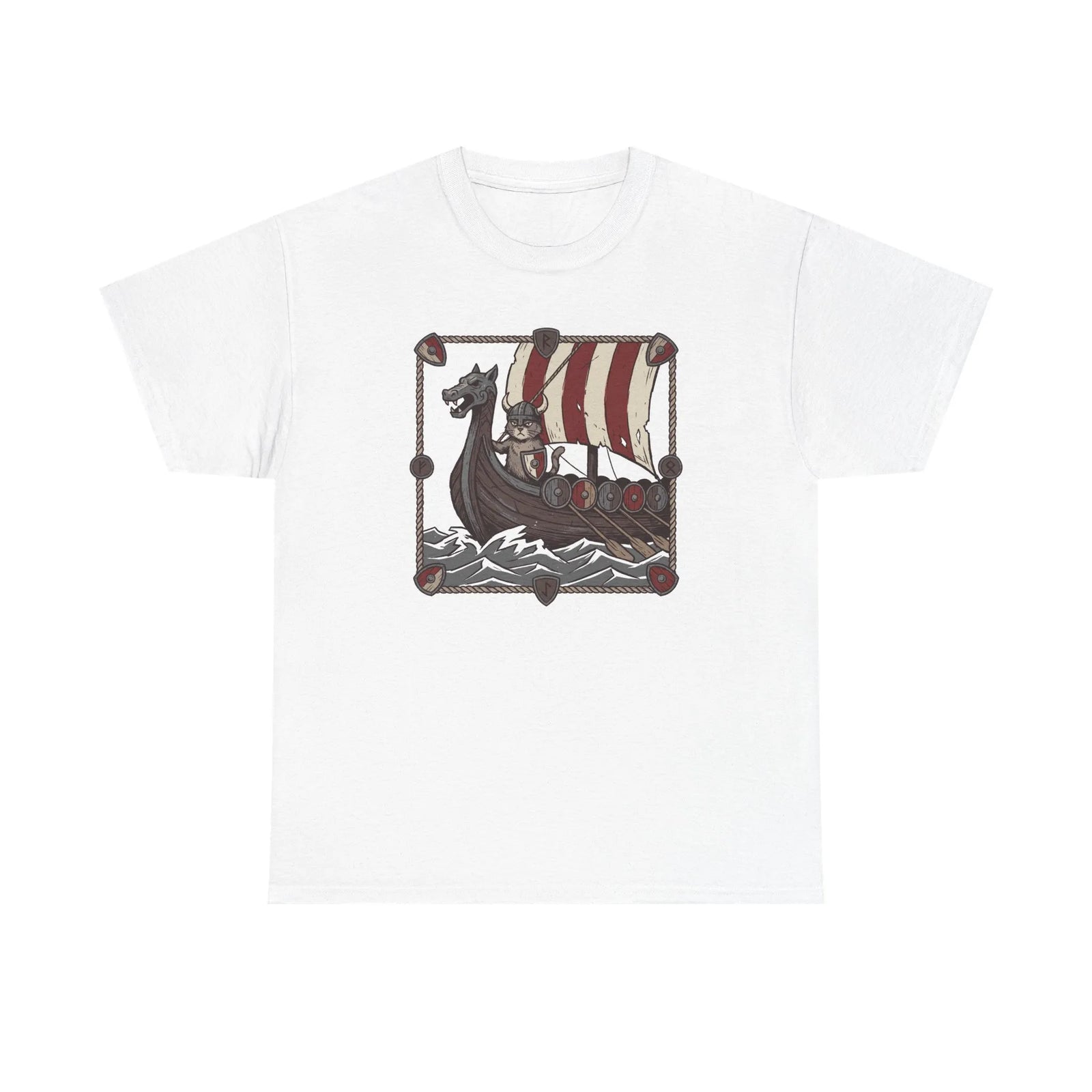 Viking Berserker Cat Longship T-Shirt - Heavyweight Cotton Classic Crewneck - Unisex White