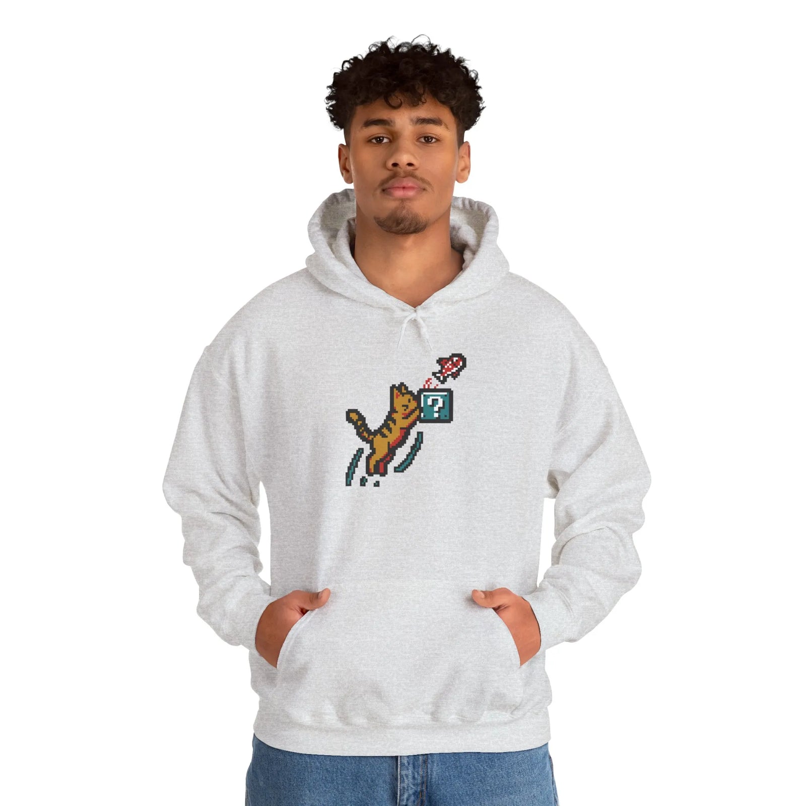 Power Up 8-Bit Pixel Gaming Cats Hoodie - Heavy Blend Fleece Pullover - Unisex White