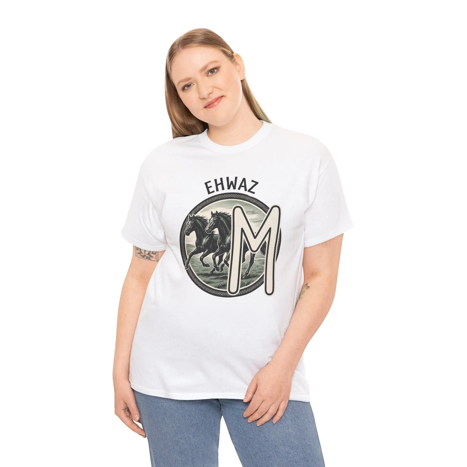 Ehwaz Rune Divine Horses T-Shirt - Heavy Cotton Classic Fit Tee - Unisex White