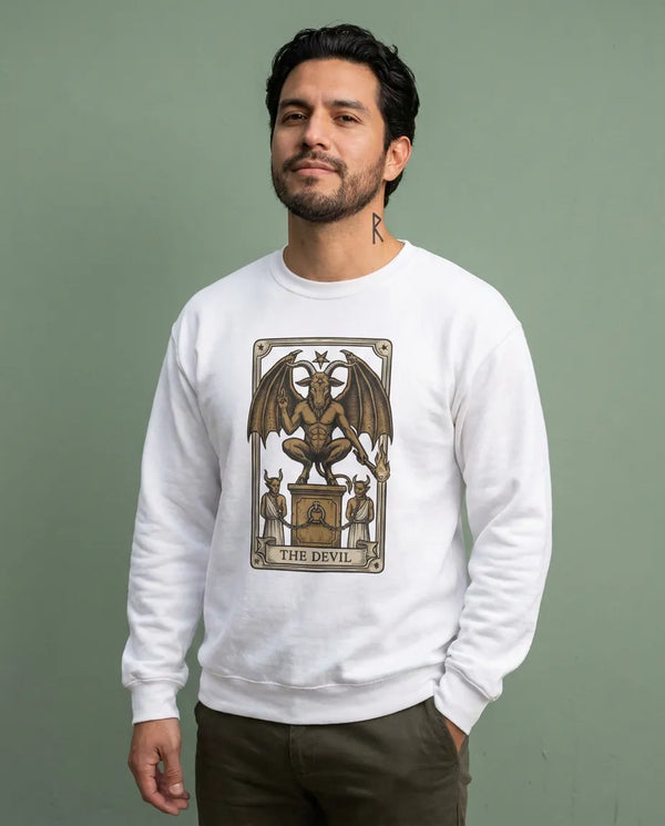 Devil Tarot Card Graphic Sweatshirt - Heavy Blend Fleece Crewneck - Unisex White