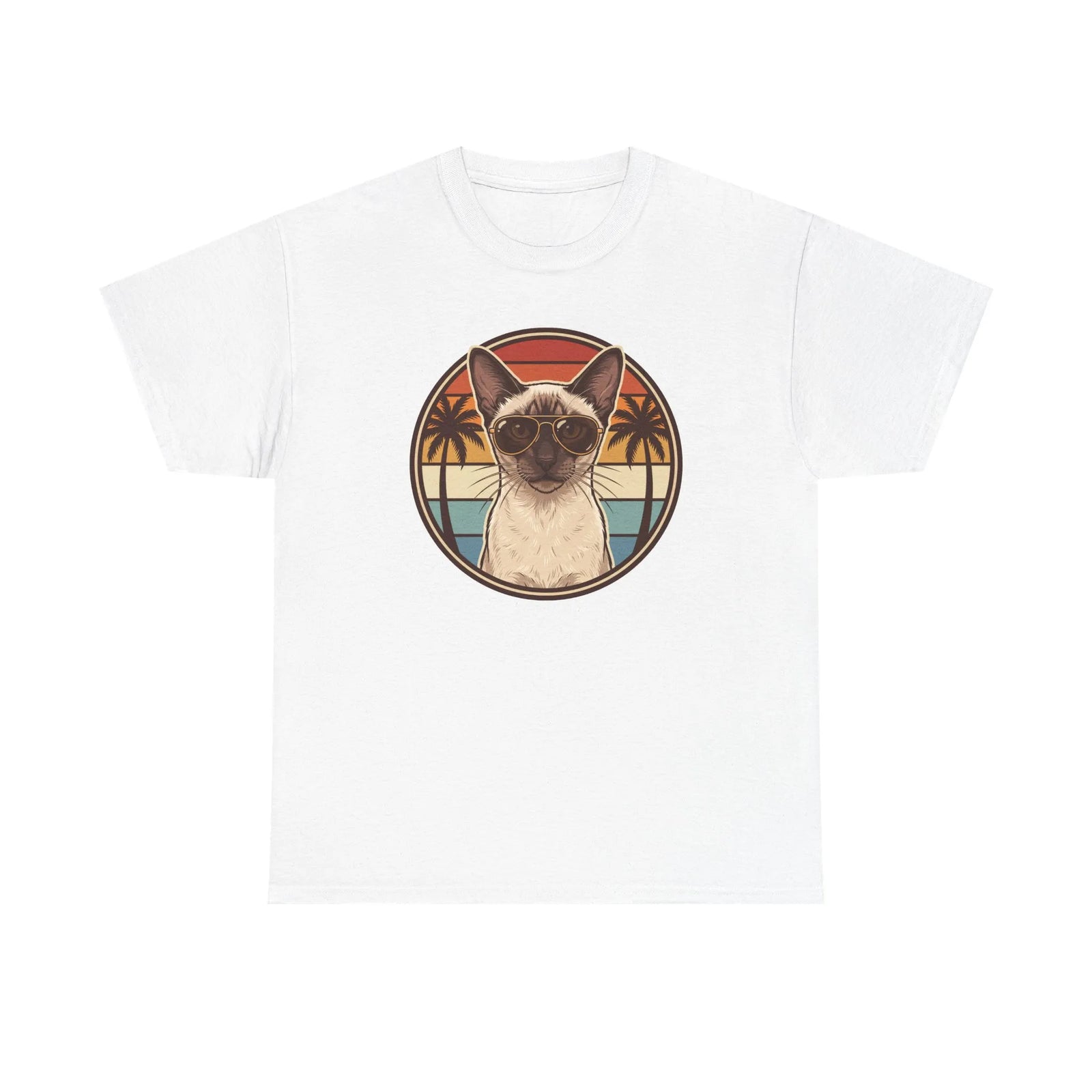 70s Sunset Siamese Cat Aviator T-Shirt - Heavyweight Cotton Classic Fit Tee - Unisex White
