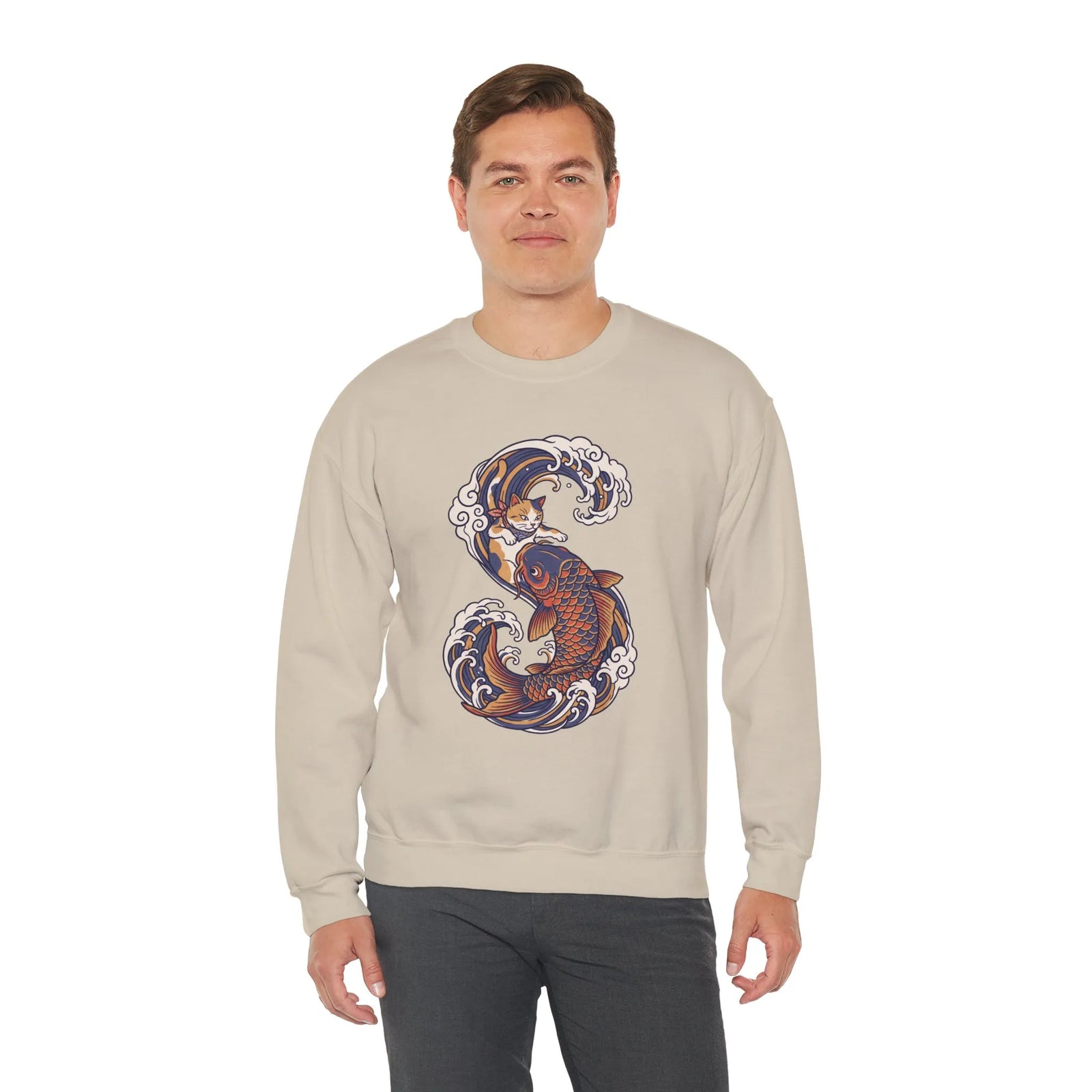 Koi Rider Ukiyo-e Samurai Cats Sweatshirt - Heavy Blend Fleece Crewneck - Unisex Ash