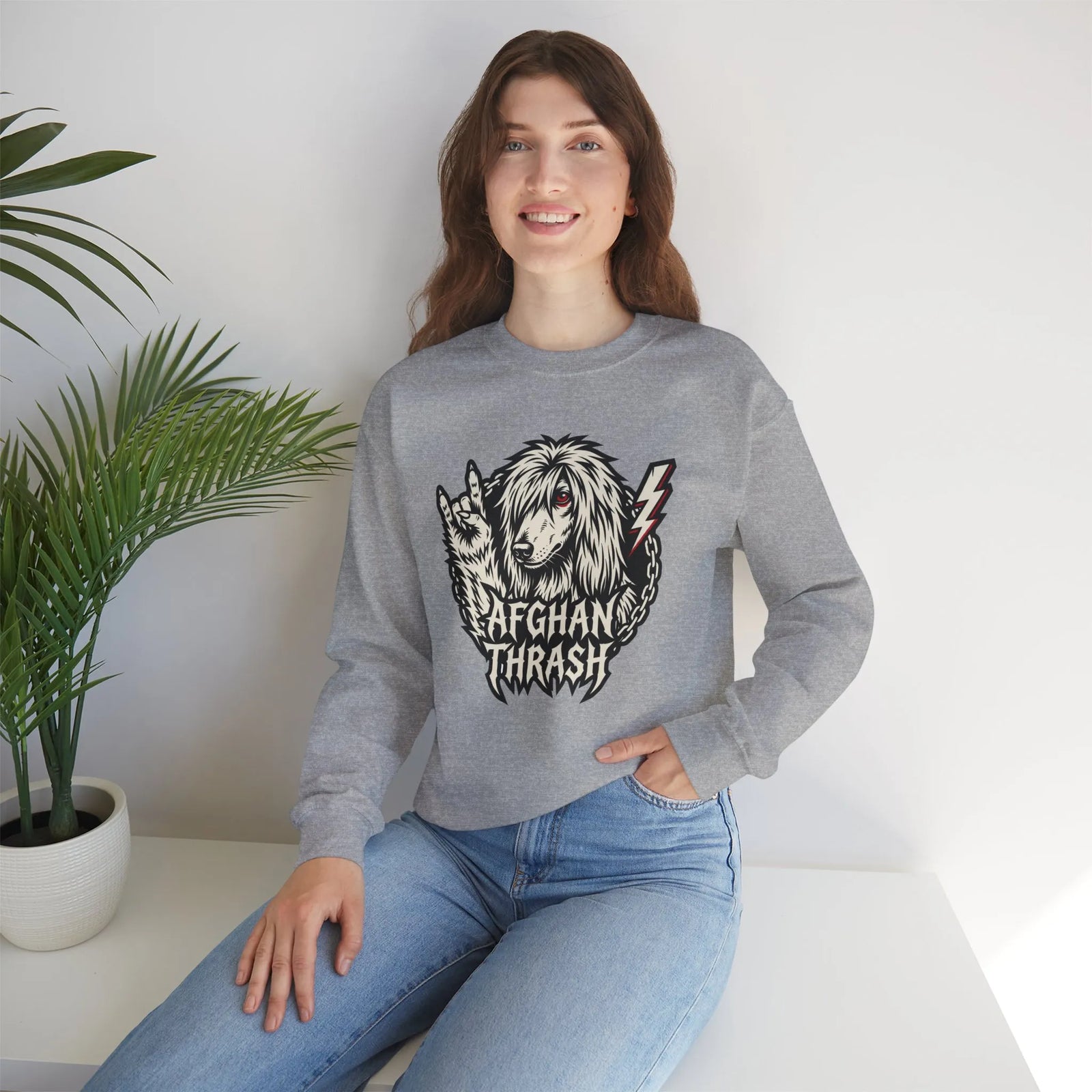 Headbanger Heavy Metal Dog Graphic Sweatshirt - Heavyweight Cotton Blend Fleece - Unisex White