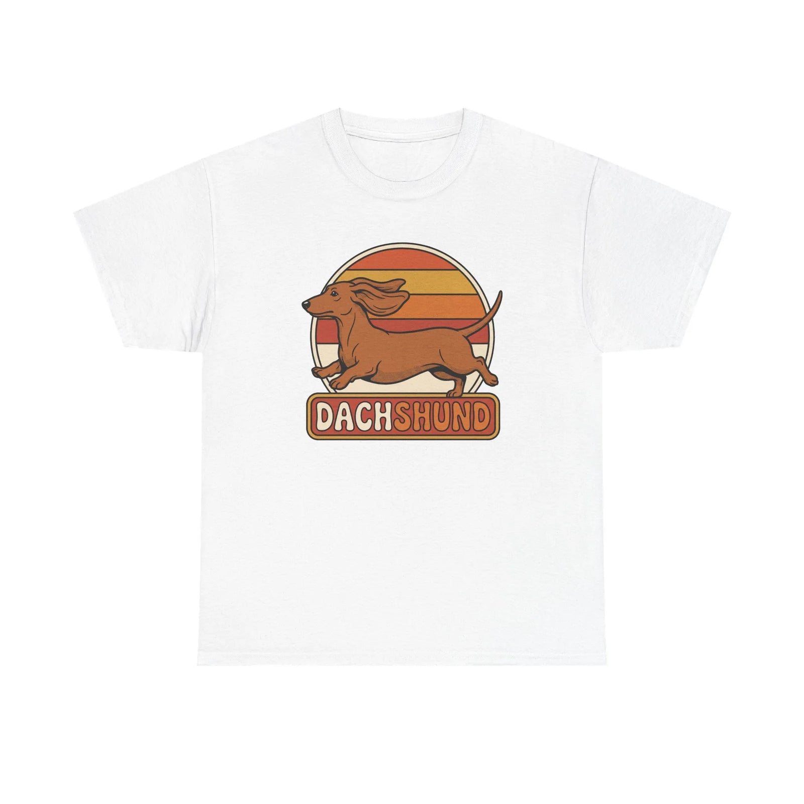 Dachshund Retro 70s Sunset Graphic T-Shirt - Heavy Cotton Classic Fit Tee - Unisex White