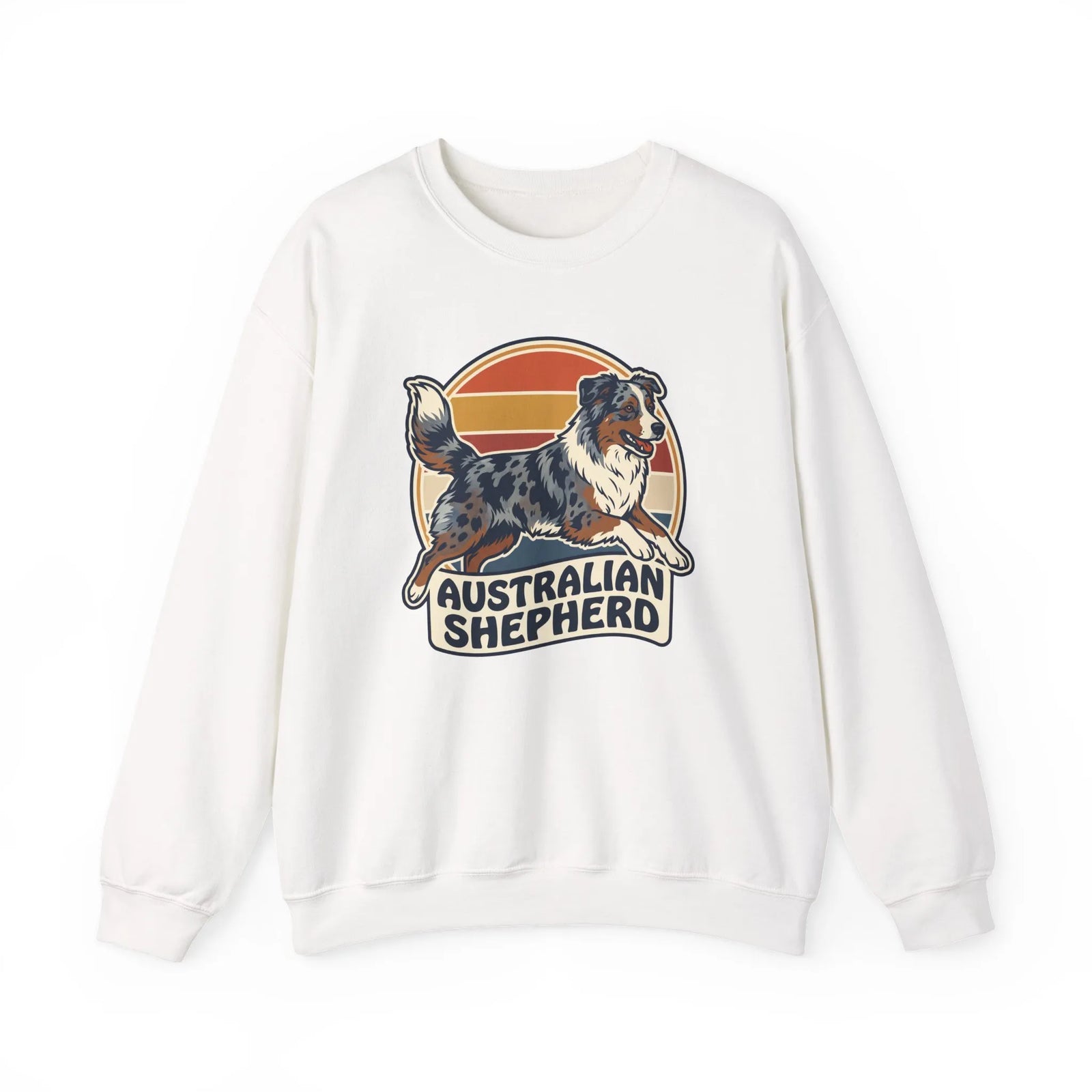 Australian Shepherd Retro 70s Sunset Sweatshirt - Heavy Blend Cotton Poly Crewneck - Unisex White