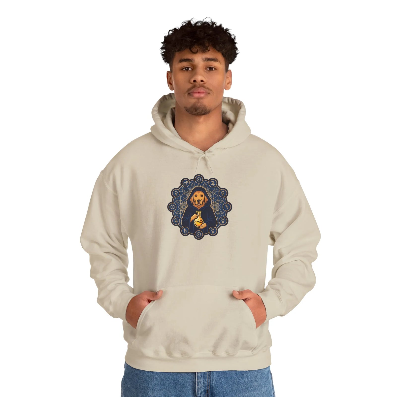Alchemist Dog Sacred Geometry Hoodie - Midweight Cotton-Poly Pullover - Unisex White
