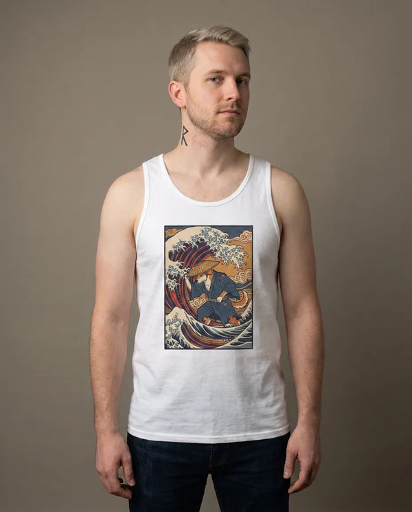 Ronin Wave Samurai Dog Ukiyo-e Tank Top - Soft Combed Cotton Jersey - Unisex Athletic Heather