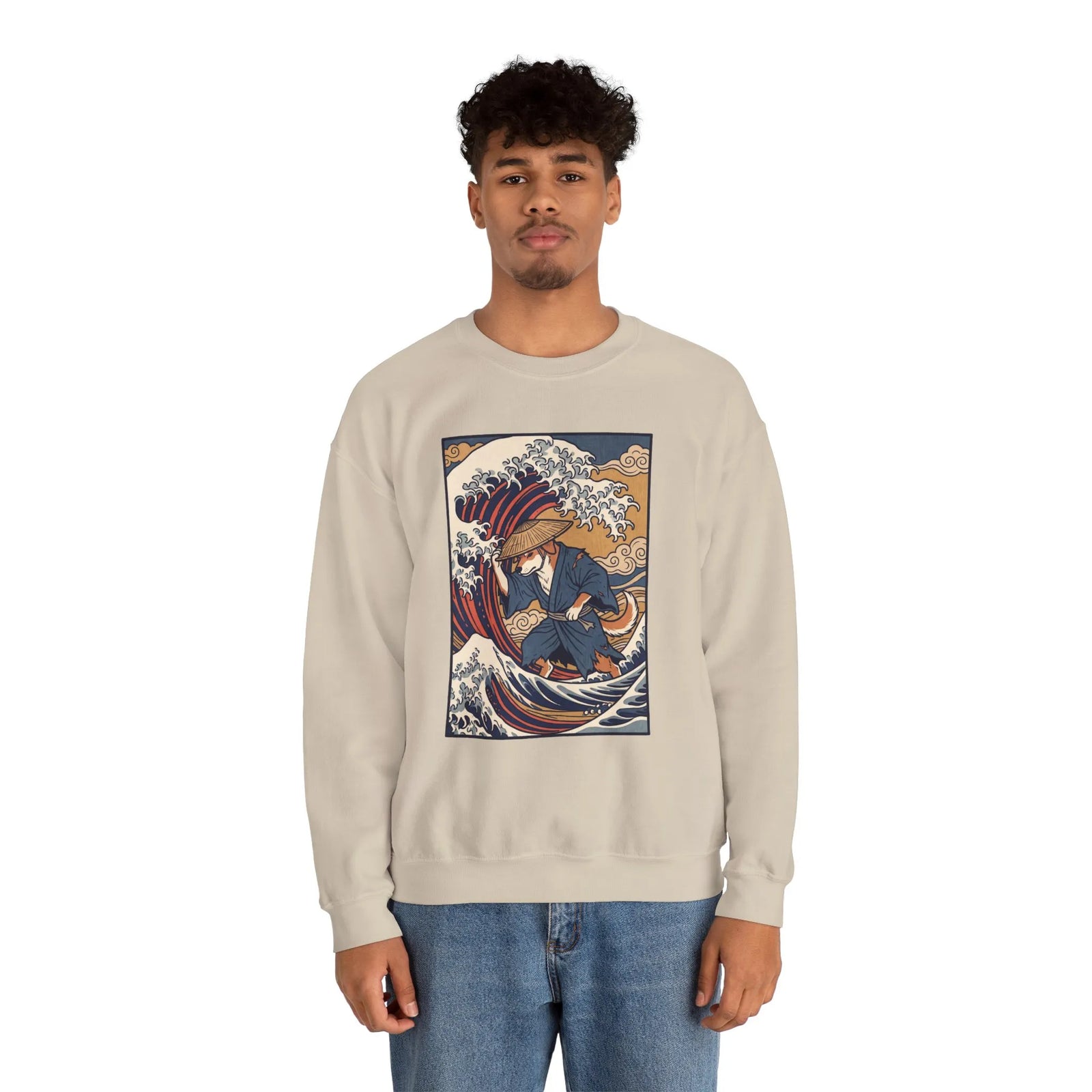 Ronin Wave Ukiyo-e Samurai Dog Sweatshirt - Heavyweight Cotton Blend Crewneck - Unisex White
