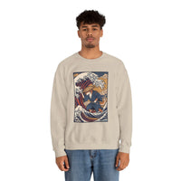 Ronin Wave Ukiyo-e Samurai Dog Sweatshirt - Heavyweight Cotton Blend Crewneck - Unisex White