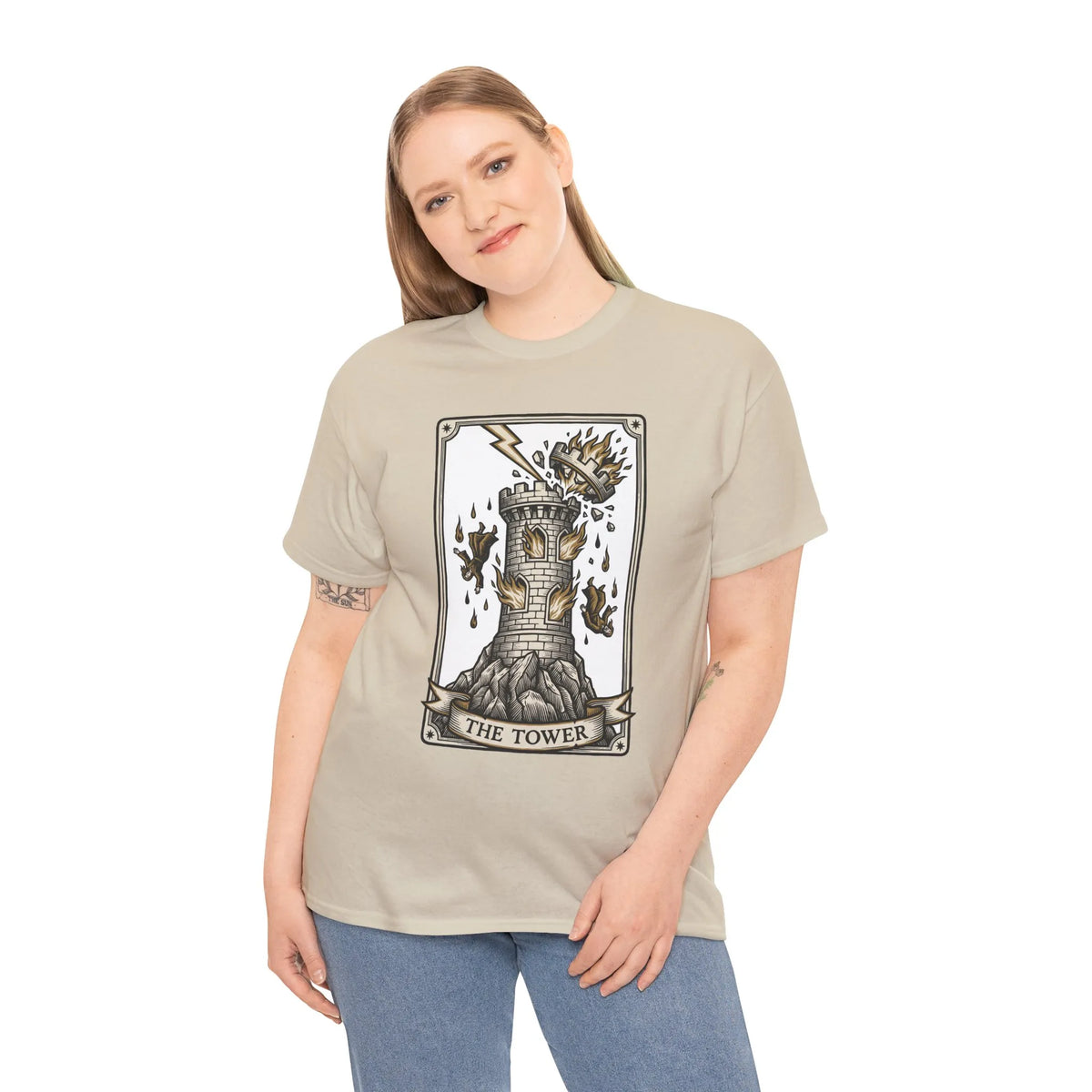 The Tower Tarot Card Graphic T-Shirt - Heavy Cotton Classic Fit Tee - Unisex White