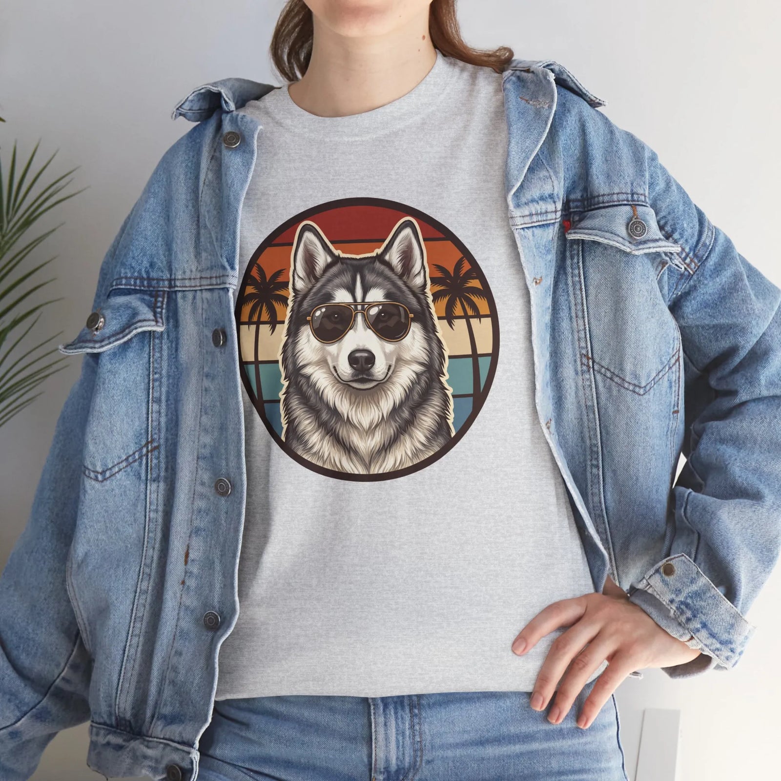 Siberian Husky Aviator Sunset T-Shirt - Heavyweight Classic Fit Cotton Tee - Unisex White