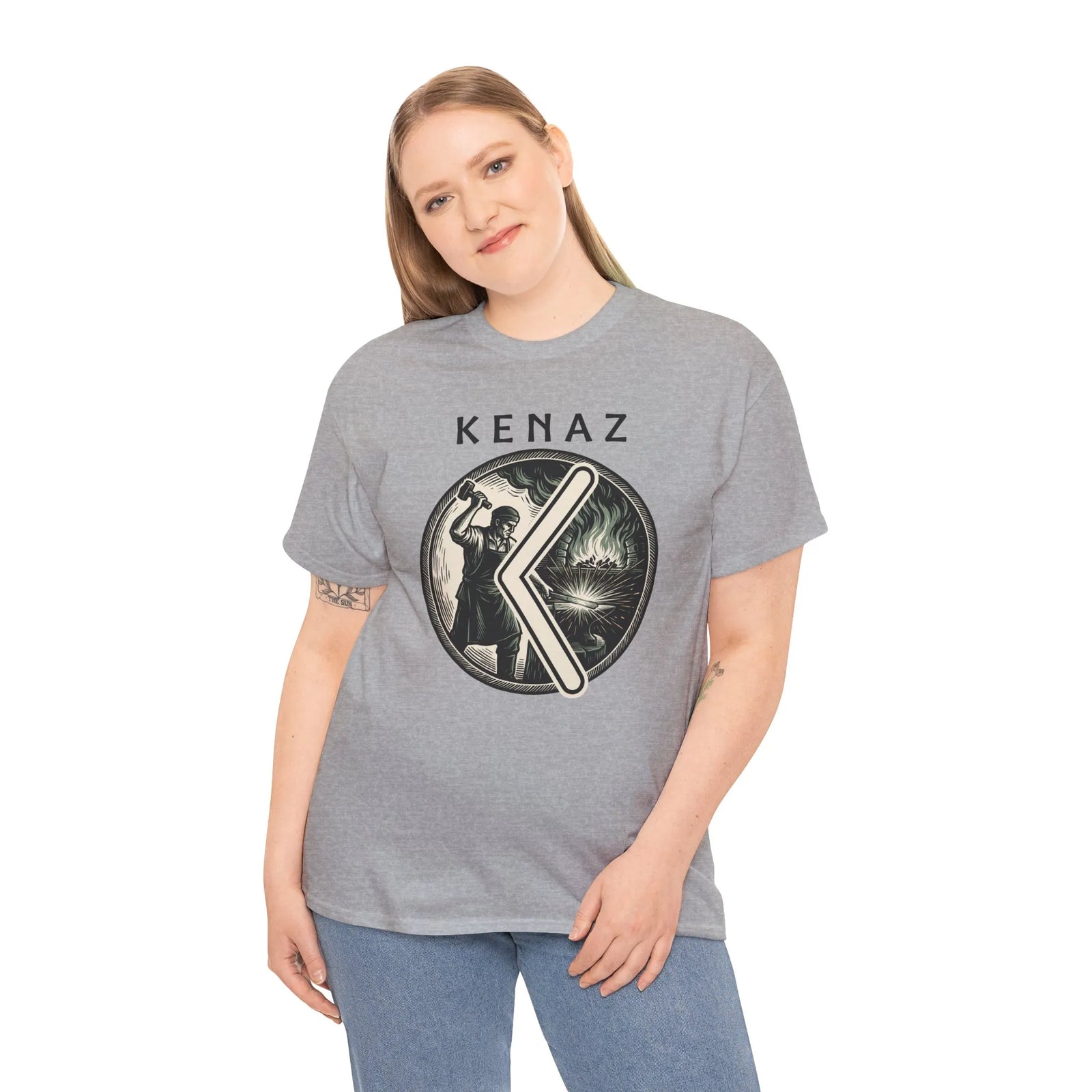 Kenaz Rune Forge Blacksmith T-Shirt - Heavyweight 100% Cotton Classic Fit Tee - Unisex White