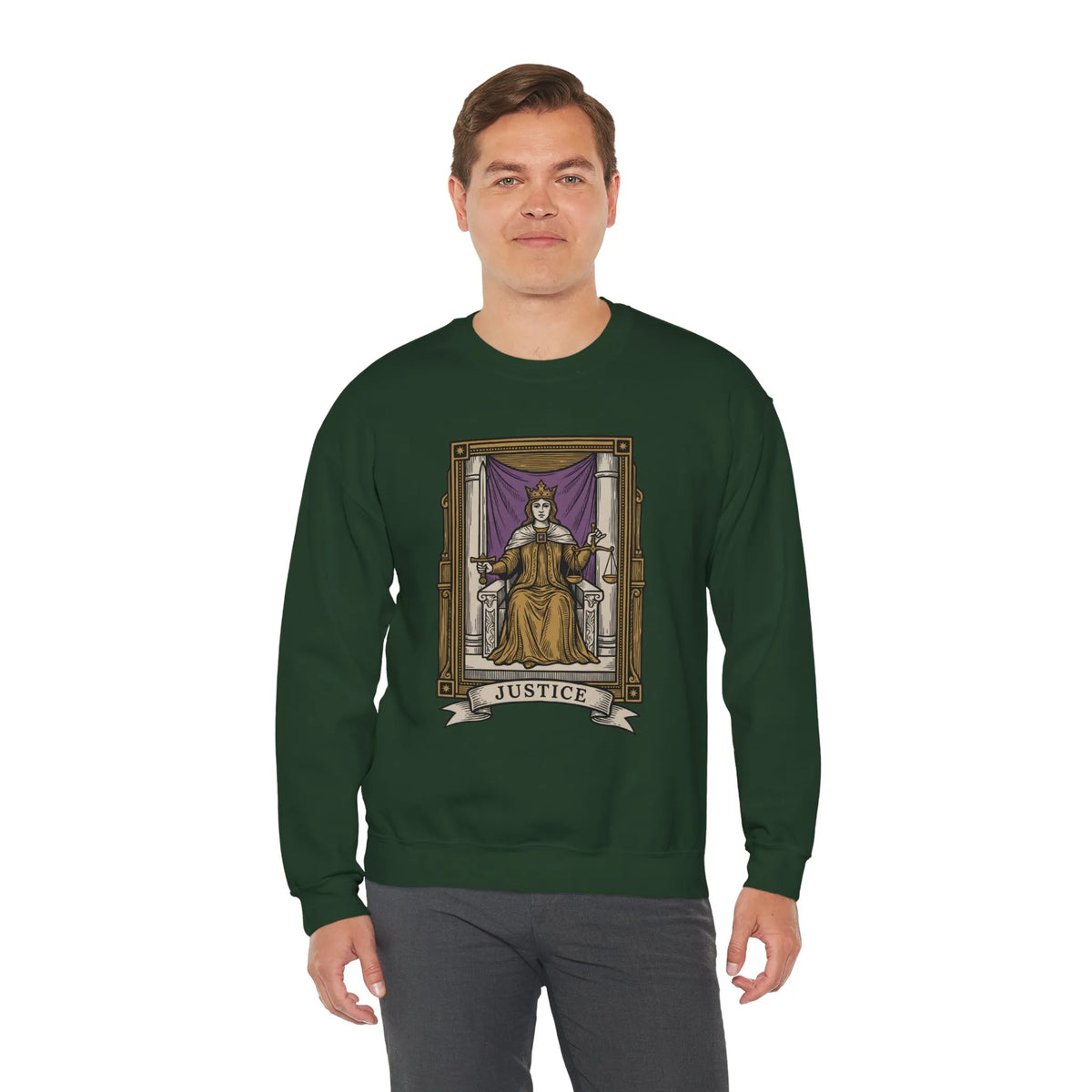 Justice Tarot Card Sweatshirt - Heavy Blend Cotton Poly Crewneck - Unisex White